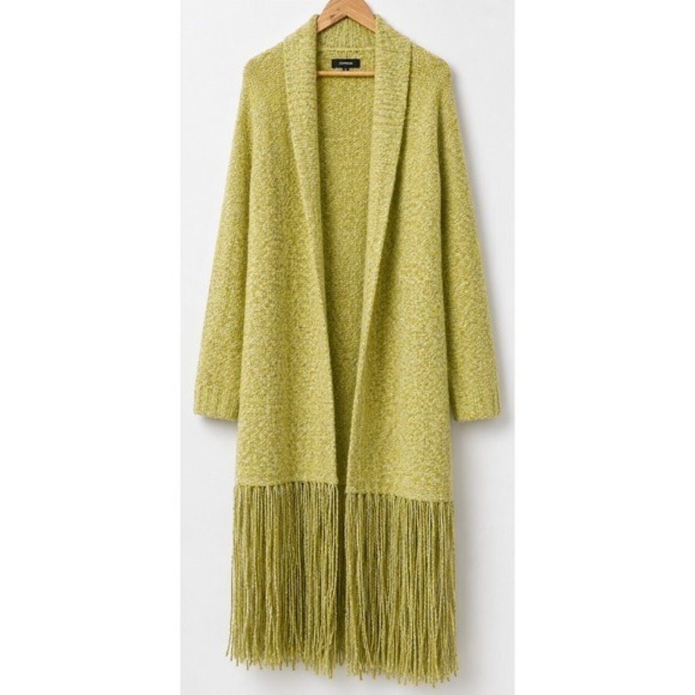 NC Womens Small Oversized Fringe Cardigan Yellow Boho Open Front Cozy Duster